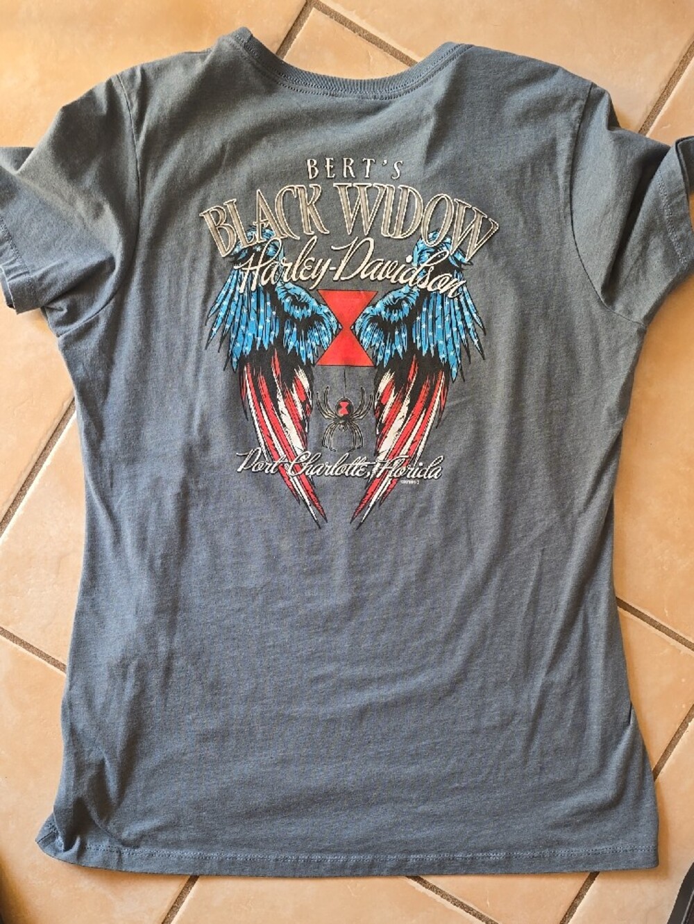 Womens XXL Harley-Davidson Gray-Blue Short Sleeve Tee w/ Orange & Cream Graphic - Picture 3 of 5